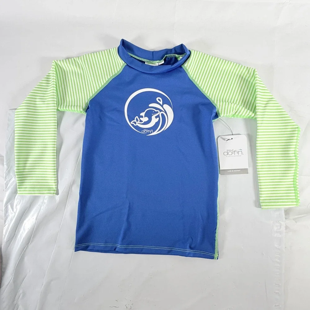 Little Dolfin‎ Boys Girls Long Sleeve Swim Rash Guard Green Stripe Royal Size 7